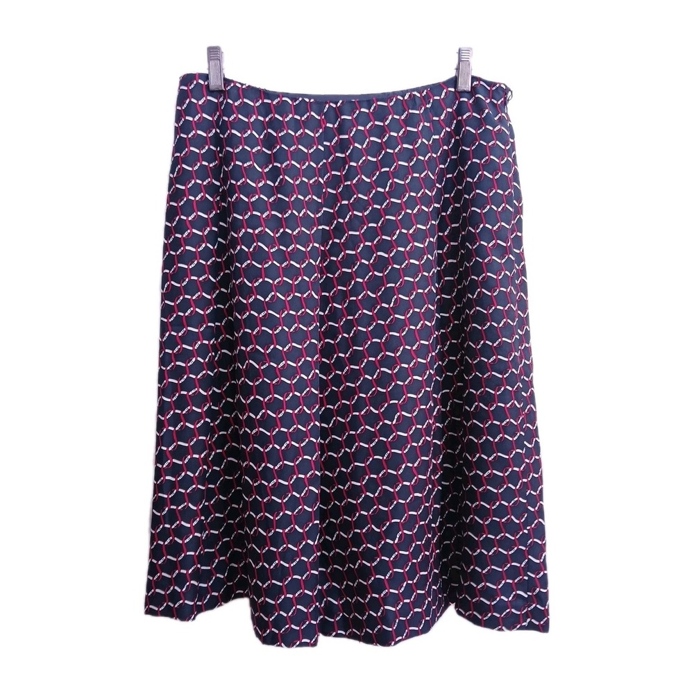 Talbots Women Pure Silk A Line Skirt 14W 1X Blue Red Chain Print Preppy Nautical